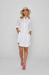 LAURENL – Tunique Lin Opp.Liberty Manches 3/4 Coupe évasée – Femme – Blanc/Kensington Park 136A